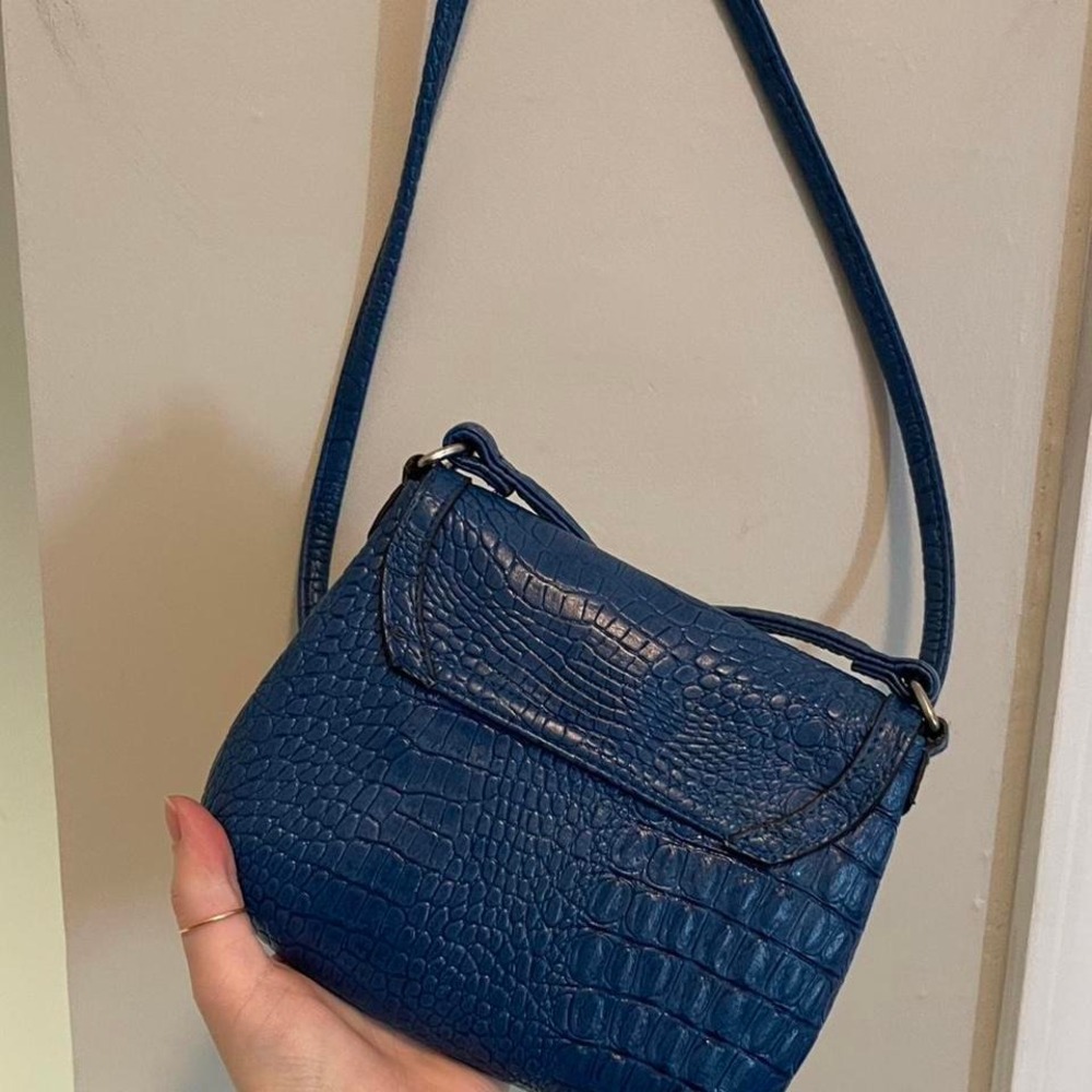 Blue Crocodile Embossed Faux Leather Small Crossbody Bag Turn Lock Purse - Picture 3 of 5